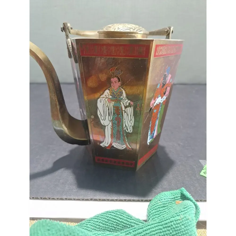 1950s Chinese Hexagonal Brass Teapot Enamel Figures No Taiwan Export Mark!